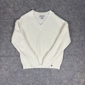 Tommy Bahama Womens Cream White Ribbed Cotton V-Neck Sweater XS Pointelle Knit